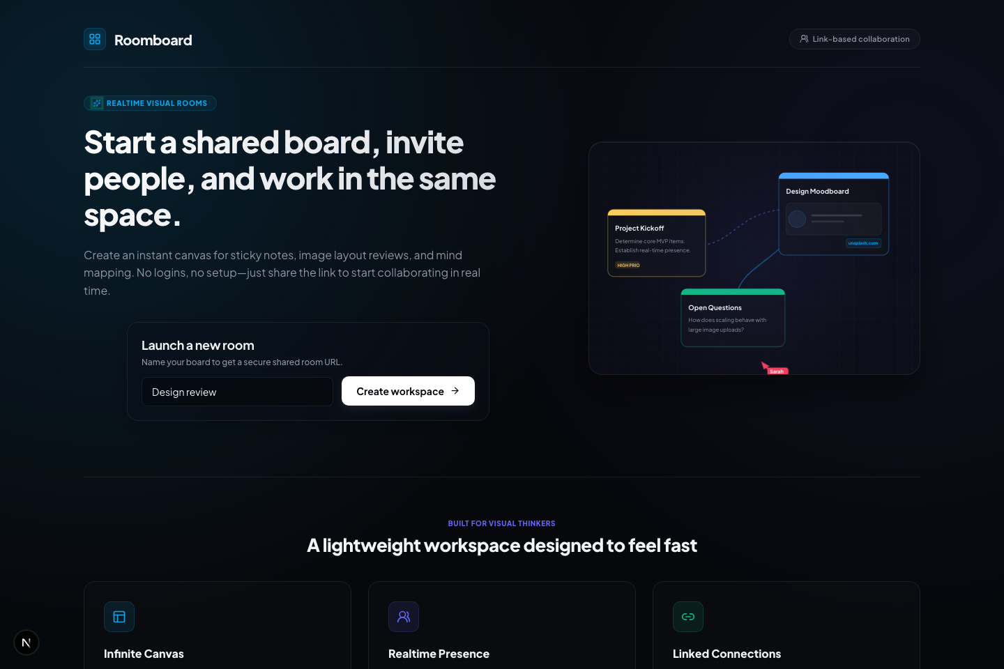 The Roomboard dashboard listing rooms